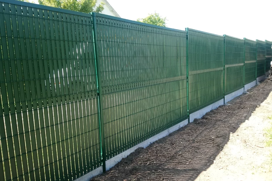 Détail des panneaux occultants plastifiés verts et poteaux scellés