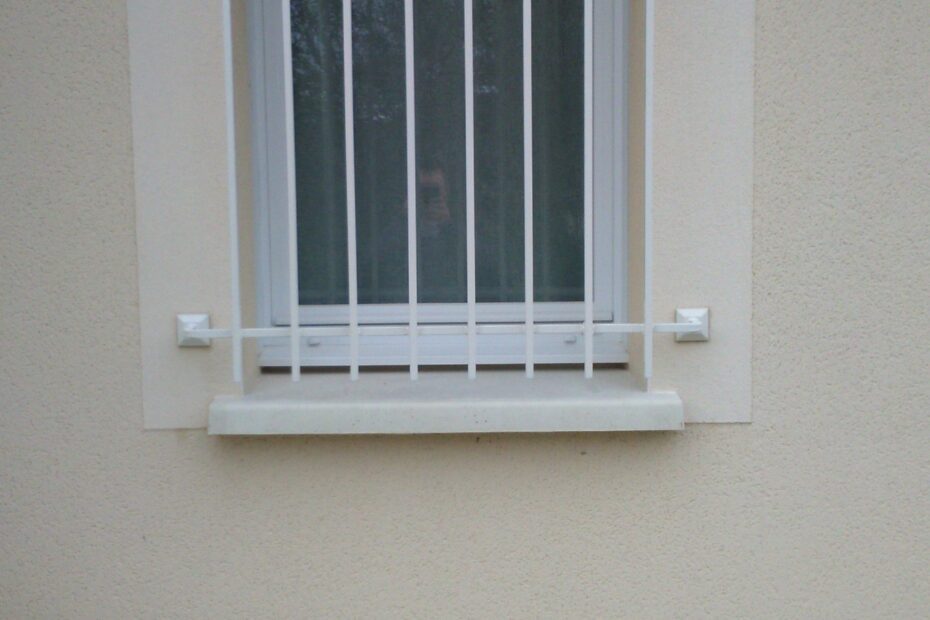 Barreaux de défense en fer carré peints en blanc, fixés sur platines