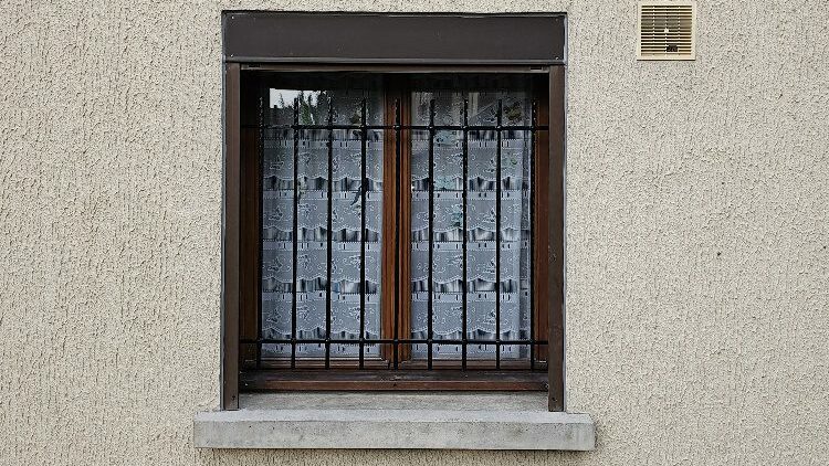 Grille de défense en fer carré martelé avec traverses crantées et décor à rosettes, finition peinture noire