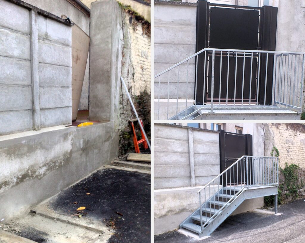 Création d’un accès extérieur avec escalier métallique, garde-corps et portillon sur mesure